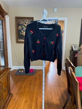 SHEIN Black Cropped Cardigan with Red Cherry Embroidery